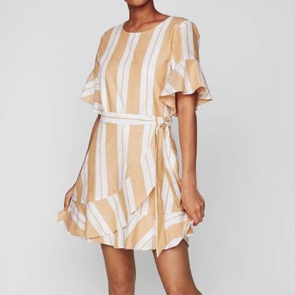 EXPRESS Ruffle Sleeve Stripe Lined Faux Wrap Dress, Size L - Picture 3 of 10